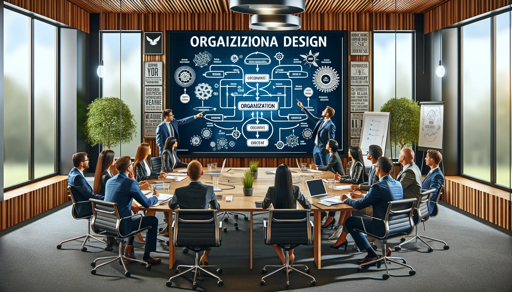 DALL·E 2024-01-25 20.56.45 - A professional and engaging training session on Organizational Design, set in a modern and well-lit corporate training room. The room features a large